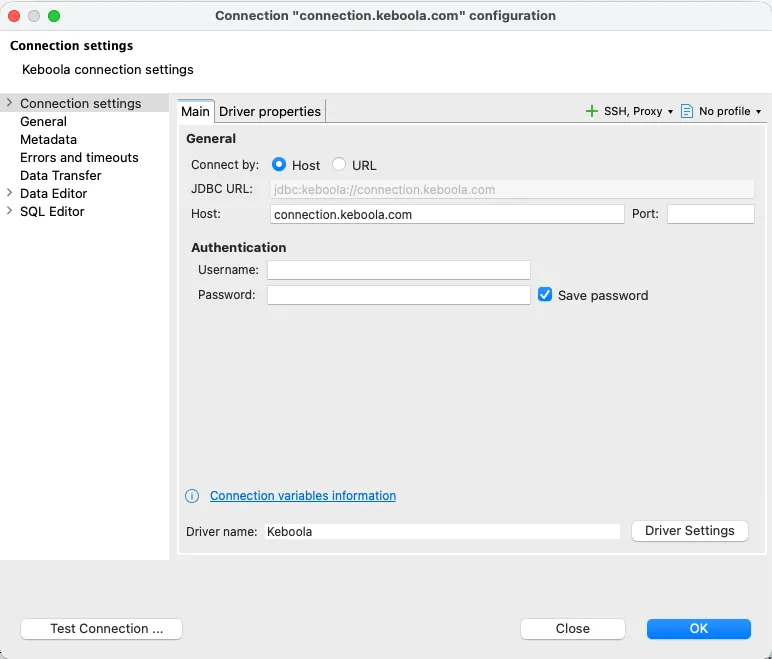 New connection — driver picker